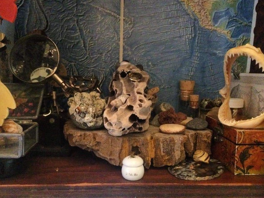 A wunderkammer of beautiful garbage and natural artifacts. A cabinet of curiosities, including petrified wood, scary bones, weird pebbles, and faulty scientific equipment (hidden in the background). Also, small boxes and vials, and a map of an ocean, probably real.